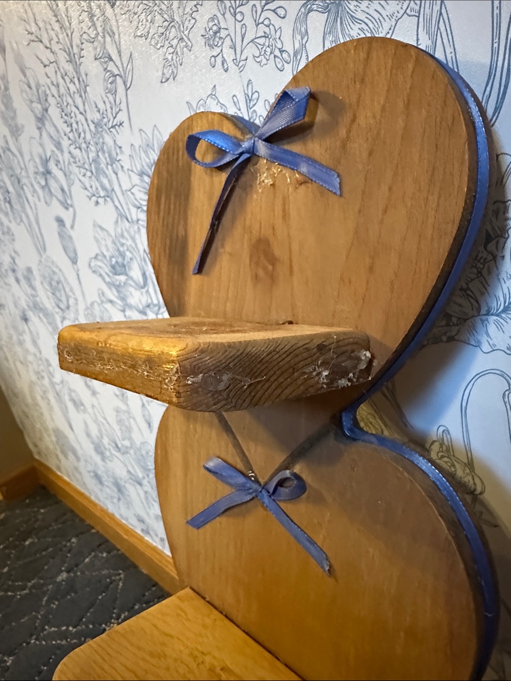 Wooden Heart Tiered Wall Shelf with Blue Ribbon Accents - Picture 4 of 12